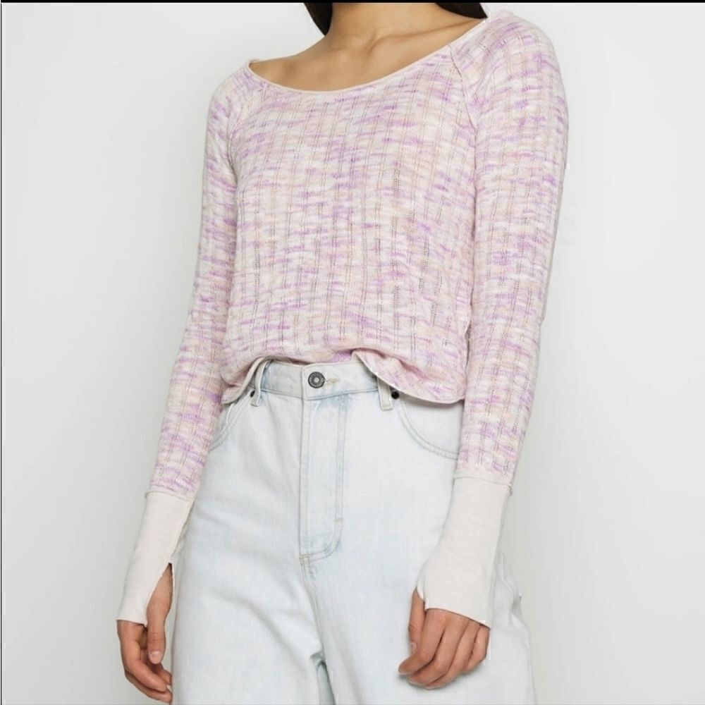 We The Free Spaced Out Long Sleeve Top Knit Pink Combo Large NWT